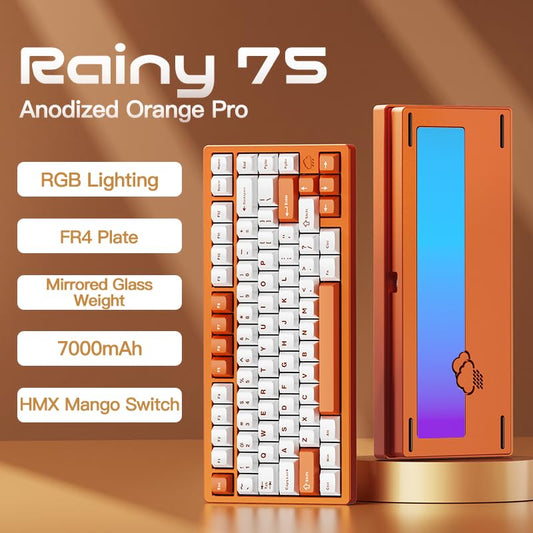 KEEBMONKEY WOBKEY Rainy 75 Aluminum HMX/JWK Switches Mechanical Keyboard with Superior Acoustics, Wired, BT, 2.4G Wireless Connectivity (Pro Orange(Mirrored Glass Weight)) - style: Pro Orange(Mirrored Glass Weight)