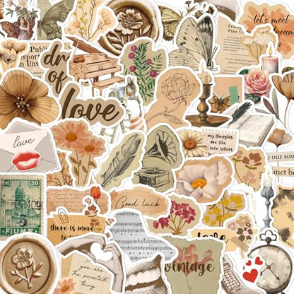 Vintage Aesthetic Stickers for Adults - 50 Pcs Retro Waterproof Scrapbook Stickers, Flower Butterfly Vinyl Water Bottle Decals for Daily Planner Journaling Laptop - style: Vintage