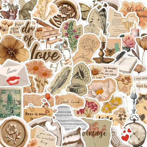 Vintage Aesthetic Stickers for Adults - 50 Pcs Retro Waterproof Scrapbook Stickers, Flower Butterfly Vinyl Water Bottle Decals for Daily Planner Journaling Laptop - style: Vintage