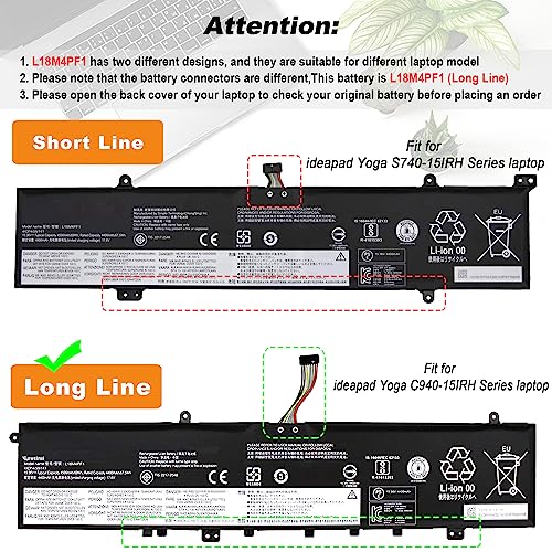 L18M4PF1 L18D4PF1 Laptop Battery Replacement for Lenovo Yoga C940-15IRH 81TE Yoga 9-15IMH5 82DE Series 5B10T83737 5B10T83738 5B10U65276 69Wh 4500mAh(Long Interface Cable) - size: 10.23*3.34*0.39inch L18M4PF1