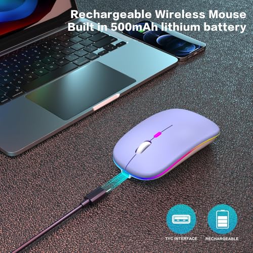 AIKOKOK Wireless Bluetooth Mouse, Rechargeable, Dual Mode Bluetooth 5.2 & 2.4G USB, LED Lights, Slim, Silent, Portable Computer Mouse for Laptop, PC, MacBook, iPad, Tablet (Purple) - color: Purple