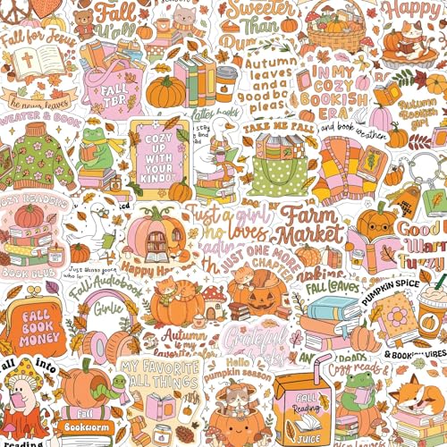 100 Pcs Fall Bookish Stickers for Adult, Vinyl Pumpkin Decals | Reading Autumn Season Design, Waterproof, for Water Bottle Laptop Journal Scrapbook - style: Fall Bookish