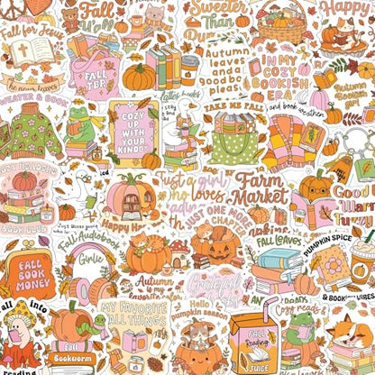 100 Pcs Fall Bookish Stickers for Adult, Vinyl Pumpkin Decals | Reading Autumn Season Design, Waterproof, for Water Bottle Laptop Journal Scrapbook - style: Fall Bookish