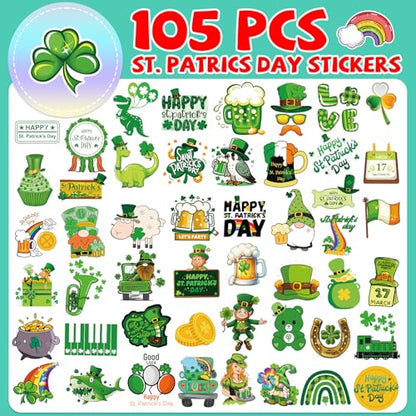 XZENTIRA 105 PCS St Patricks Day Stickers, Vinyl Waterproof Shamrock Stickers Irish Day Decals, St Patricks Day Decorations Party Supplies, Spring Stickers for Water Bottle Laptop Gift Crafts Windows - style: St. Patricks Day