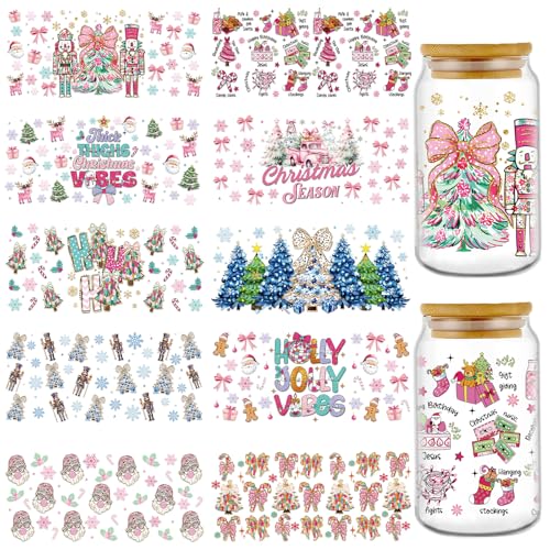 Rngmsi UV DTF Cup Wrap - 10 Pcs Glitter Christmas UV DTF Stickers for 16 oz Xmas Tree Bow Santa Waterproof UVDTF Transfer Decals for Glasses Cups DIY Crafts - style: Glitter Christmas