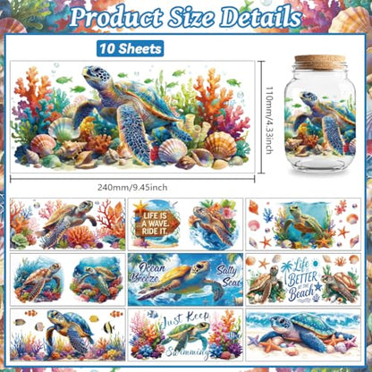 Peacoblue UV DTF Cup Wraps Transfer Stickers Sea Turtles and Coral Pattern, 10 Sheets Waterproof Custom Vinyl Transfer Sticker 16oz Coffee Glass Cup Tumbler Bottle Mug Decals for Men Women - style: Sea Turtles and Coral