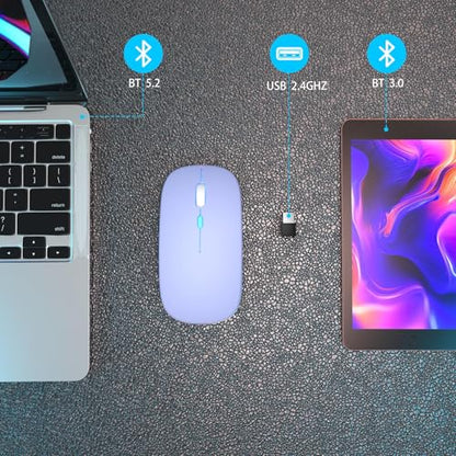 AIKOKOK Wireless Bluetooth Mouse, Rechargeable, Dual Mode Bluetooth 5.2 & 2.4G USB, LED Lights, Slim, Silent, Portable Computer Mouse for Laptop, PC, MacBook, iPad, Tablet (Purple) - color: Purple