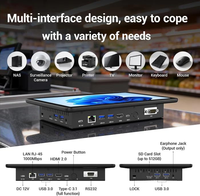 10.1 inch Industrial Embedded Panel PC, Win 11 Computer with 10 Points Touchscreen Tablet, Celeron N5095 8GB RAM/128GB ROM, Dual HDMI 2.0 WiFi 5 Bluetooth 5.0 for Office/Automation/Kiosk/Bar/Warehouse