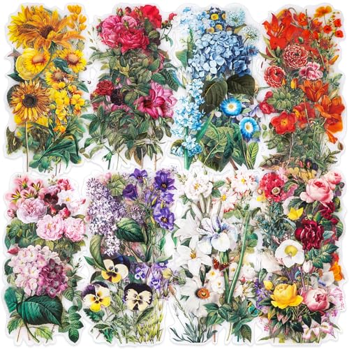 Knaid 100 Pieces Vintage Flower Stickers Set - Big 3.4" Waterproof Clear Botanical Floral Journaling Sticker for Scrapbooking Junk Journal Supplies Bullet Journals Planner Collage Laptop Paper Crafts