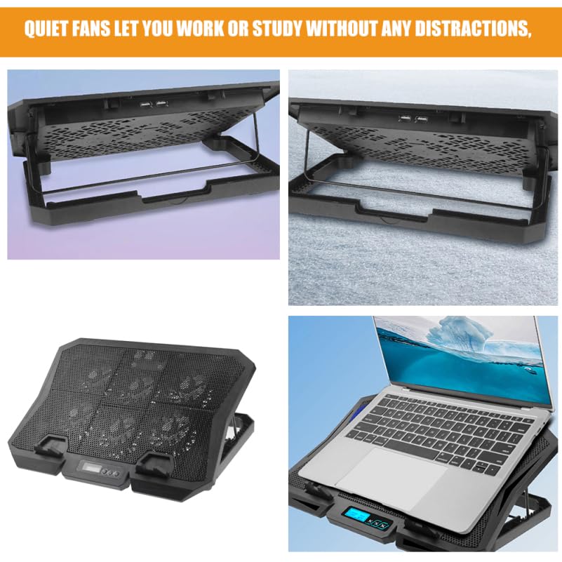 Kisangel 6-Fan Laptop Cooling Pad, Adjustable Speed Quiet Cooler Stand with Blue LED Lights, Ergonomic Notebook Cooling Base for 15.6 Inch Gaming Laptops