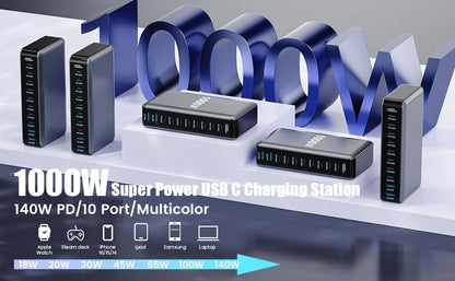 1000W USB C Charger Block,10-Port USB C Charging Station GaN IV Travel Essentials Multiple Port Charging Station,140W Laptop Fast Charger Adapter for MacBook Pro/Air,DELL,iPad,iPhone,Samsung Galaxy