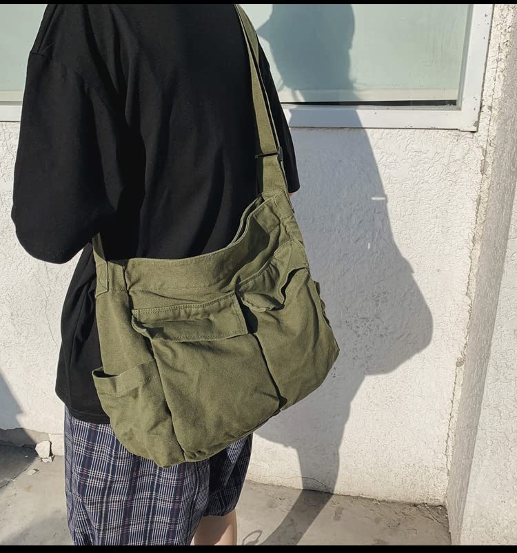 Canvas Messenger Bag Large Crossbody Bag with Multiple Pockets Canvas Shoulder Tote Bag for Women and Men - color: Green