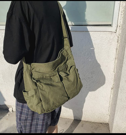 Canvas Messenger Bag Large Crossbody Bag with Multiple Pockets Canvas Shoulder Tote Bag for Women and Men - color: Green