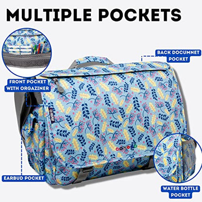 J World New York Thomas Laptop Messenger Bag for Women & Men. Kids Computer Bookbag - color: Sky Leaves