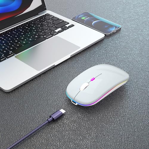 AIKOKOK Wireless Bluetooth Mouse, Rechargeable, Dual Mode Bluetooth 5.2 & 2.4G USB, LED Lights, Slim, Silent, Portable Computer Mouse for Laptop, PC, MacBook, iPad, Tablet (Silver) - color: Silver
