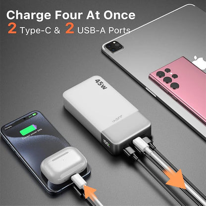 JUOVI Portable Charger 45W 20000mAh Fasting Charging Power Bank | USB C Portable Phone Charger, Battery Pack with PD 3.0 & QC 4.0 for Samsung S26/25/24 iPhone 17/16/15/14/13 Series - color: White