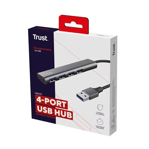 Trust Halyx USB Hub 4-Port USB-A 3.2 Gen 1, 5 Gbps Data Transfer Speed, Thin and Compact Data Hub, Plug & Play, Slim Portable USB Splitter for Computer, PC, Desktop, Laptop, MacBook