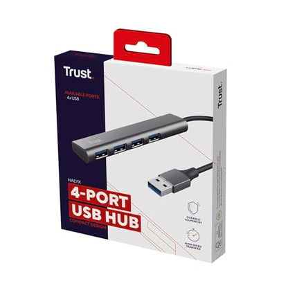 Trust Halyx USB Hub 4-Port USB-A 3.2 Gen 1, 5 Gbps Data Transfer Speed, Thin and Compact Data Hub, Plug & Play, Slim Portable USB Splitter for Computer, PC, Desktop, Laptop, MacBook