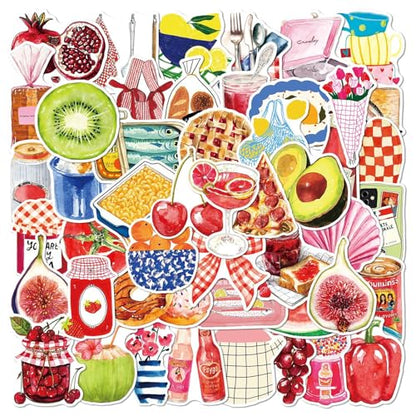 50Pcs Watercolor Food Stickers Vinyl Set | Hand-drawn food themed waterproof vinyl decals for water bottles, laptops, journals, DIY crafts and personal items. - style: Watercolor Food Stickers