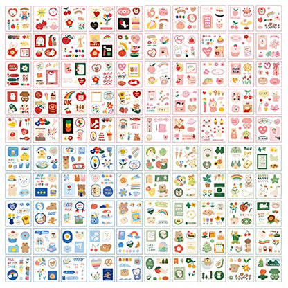 100 Sheets Kawaii Sticker Set, Doraking Cute Cartoon Stickers Transparent Decorative Stickers Decal Pack for Phone Cases Laptops Art DIY Crafts Album Bullet Journals Planner Scrapbook