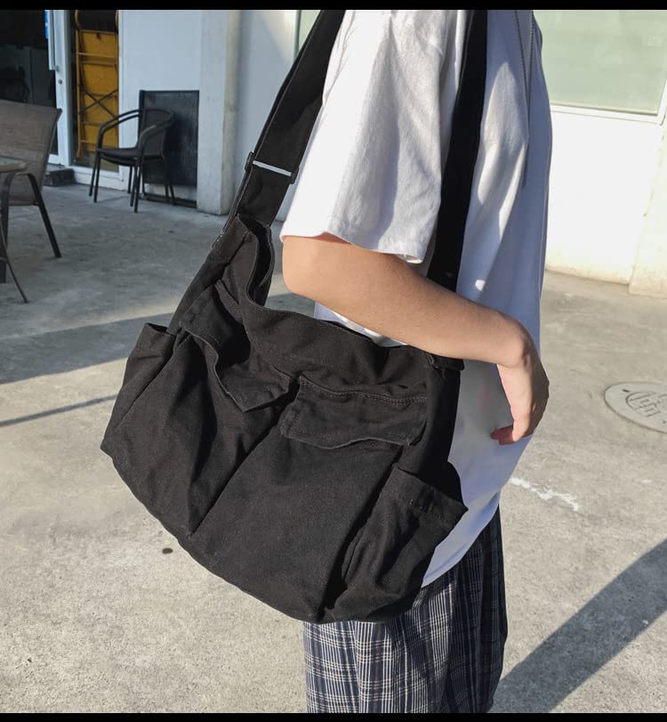 Canvas Messenger Bag Large Crossbody Bag with Multiple Pockets Canvas Shoulder Tote Bag for Women and Men - color: Black