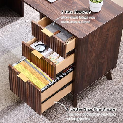 T4TREAM Fluted Executive Desk with Drawers, 60" Modern Home Office Computer Desk with Charging Station, File Cabinet, Keyboard Tray and Storage Cabinet for Study, Living Room, Bedroom, Dark Walnut - color: Walnut