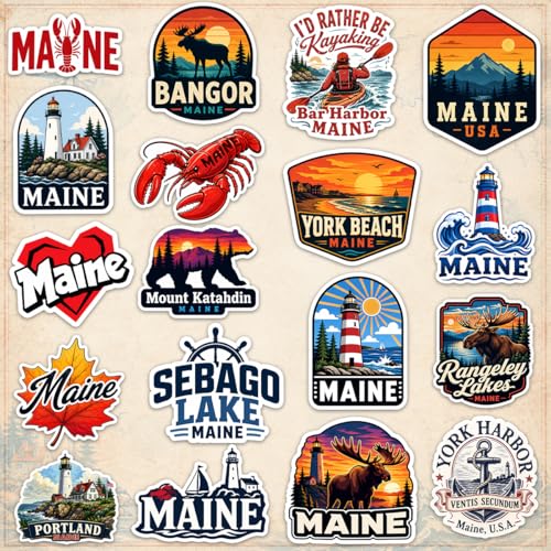 18 Pcs Maine State Travel Stickers Vinyl Waterproof Decal for Laptop Water Bottle Phone Car Window Bike Motorcycle Stakeboard Scrapbook Vacation Sticker Gifts - color: Maine