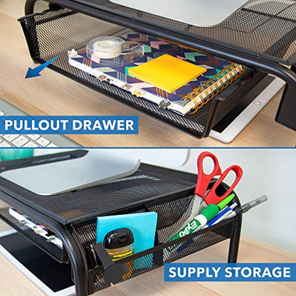 Mount-It! Metal Mesh Monitor Stand with Drawer, Ergonomic Desk Organizer and Riser for Monitors and Laptops, Desktop Stand with Extra Storage and Side Pocket, Black