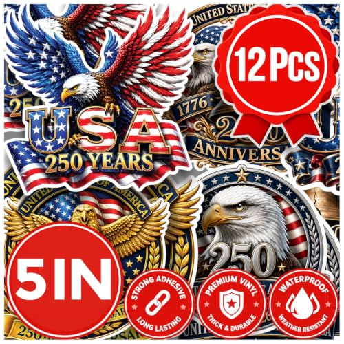 Premium Big 6in 12pcs USA 250th Anniversary Patriotic Stickers – 6 Unique Designs, 6-Inch Patriotic USA Flag Vinyl Decals for Car, Truck, SUV & Laptop – 250 Years Commemorative Window Decals - color: 250th Anniversary Stickers, size: 12 Pcs