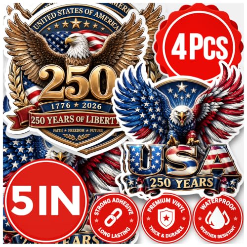 Premium Big 6in 4pcs USA 250th Anniversary Patriotic Stickers – 2 Unique Designs, 6-Inch Patriotic USA Flag Vinyl Decals for Car, Truck, SUV & Laptop – 250 Years Commemorative Window Decals - color: 250th Anniversary Stickers, size: 4 Pcs
