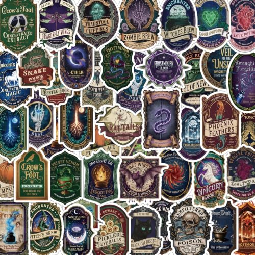 100 Pcs Halloween Potion Label Stickers, Dark Apothecary Decals | Spooky Witch Magic Sticker Pack, for Jar Laptop Water Bottle Scrapbook Craft Party Favor, Vinly, Waterproof - style: Halloween Apothecary Potion