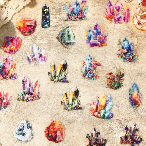 160-Piece Holographic Glitter Fantasy Crystal & Gemstone Sticker Pack – Waterproof Transparent Colorful Watercolor Crystals, Mystical Gems Stickers for Scrapbooking, Journals, Resin Art Supplies - color: Crystal Stone