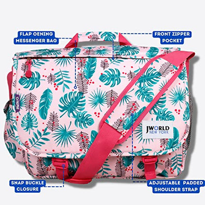 J World New York Thomas Laptop Messenger Bag for Women & Men. Kids Computer Bookbag - color: Palm Leaves
