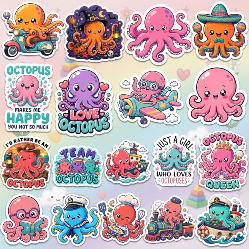 18Pcs Octopus Stickers and Decals Waterproof Octopus Gifts, Party Decorations and Favors Ocean Animal Stickers Gift for Women & Men - color: Octopus