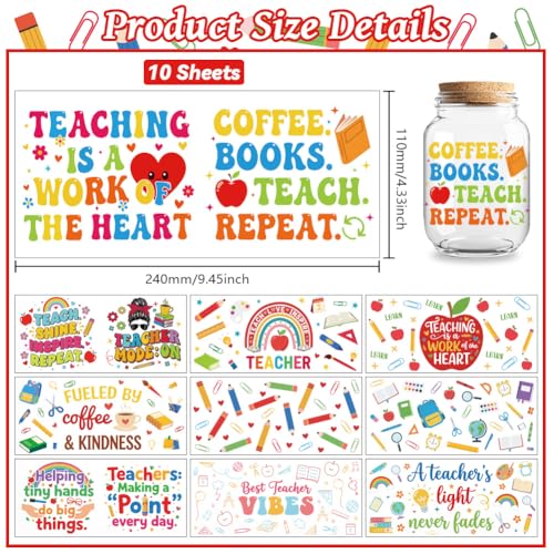 Peacoblue UV DTF Cup Wraps Transfer Stickers Teacher's Day Stationery Pattern, 10 Sheets Waterproof Custom Vinyl Transfer Sticker 16oz Coffee Glass Cup Tumbler Bottle Mug Decals for Men Women - style: Teacher's Day Stationery