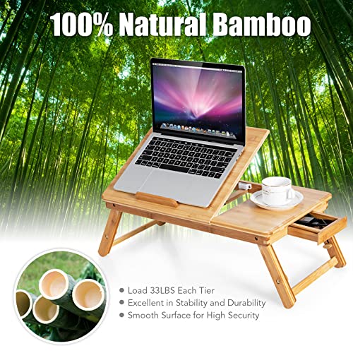 Tangkula Laptop Desk w/Heat-Dissipation Holes, Height Adjustable Bed Table | Folding Breakfast Serving Bed Tray, Tilting Top & Drawer, 100% Bamboo, Surfing Reading Writing Eating