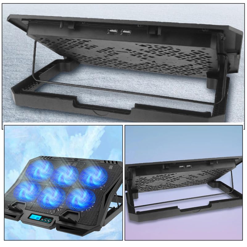 Kisangel 6-Fan Laptop Cooling Pad, Adjustable Speed Quiet Cooler Stand with Blue LED Lights, Ergonomic Notebook Cooling Base for 15.6 Inch Gaming Laptops