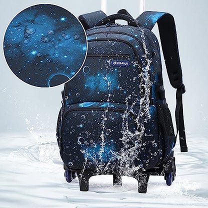 Mildame Galaxy Print Rolling Backpack for School Boys Girls with Lunch Bag Teens Bookbag with Wheels Kids Trolley Bag Set, Six Wheels - color: Black Starry Sky Set-6 Wheels