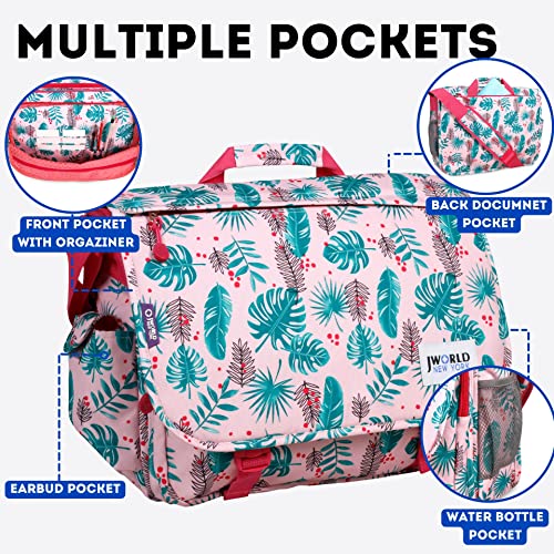 J World New York Thomas Laptop Messenger Bag for Women & Men. Kids Computer Bookbag - color: Palm Leaves