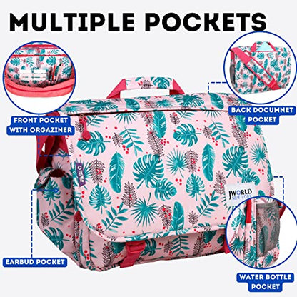 J World New York Thomas Laptop Messenger Bag for Women & Men. Kids Computer Bookbag - color: Palm Leaves