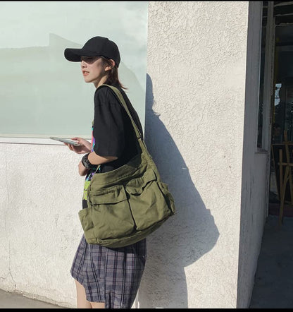 Canvas Messenger Bag Large Crossbody Bag with Multiple Pockets Canvas Shoulder Tote Bag for Women and Men - color: Green
