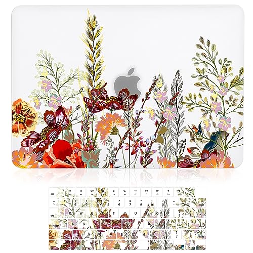 Case for MacBook Air 13-inch Laptop M5 M4 M3 M2 A3449 A3240 A3113 A2681 2026-2022 Release with Touch ID, 3D Effect Matte Clear See Through Hard Cover&Keyboard Cover, Field Flowers - color: Yellow Red