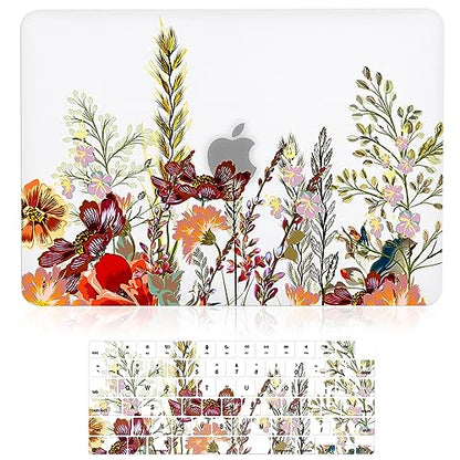 Case for MacBook Air 13-inch Laptop M5 M4 M3 M2 A3449 A3240 A3113 A2681 2026-2022 Release with Touch ID, 3D Effect Matte Clear See Through Hard Cover&Keyboard Cover, Field Flowers - color: Yellow Red