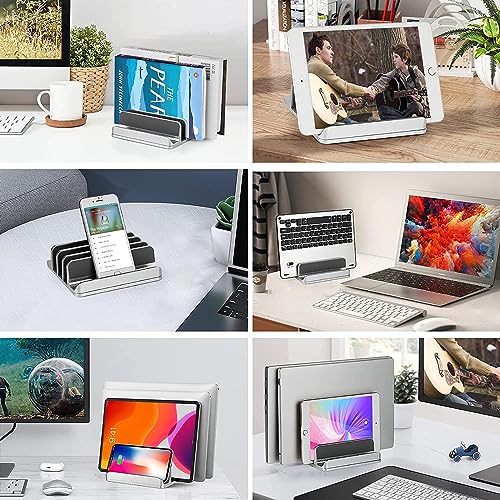 Vertical Laptop Stand for Desk [Updated Version],3-Slot Space-Saving Aluminum Desktop Stand Holder with Adjustable Dock Size Compatible for All MacBook/HP/Dell/Surface/Samsung/Chrome Book(Silver)