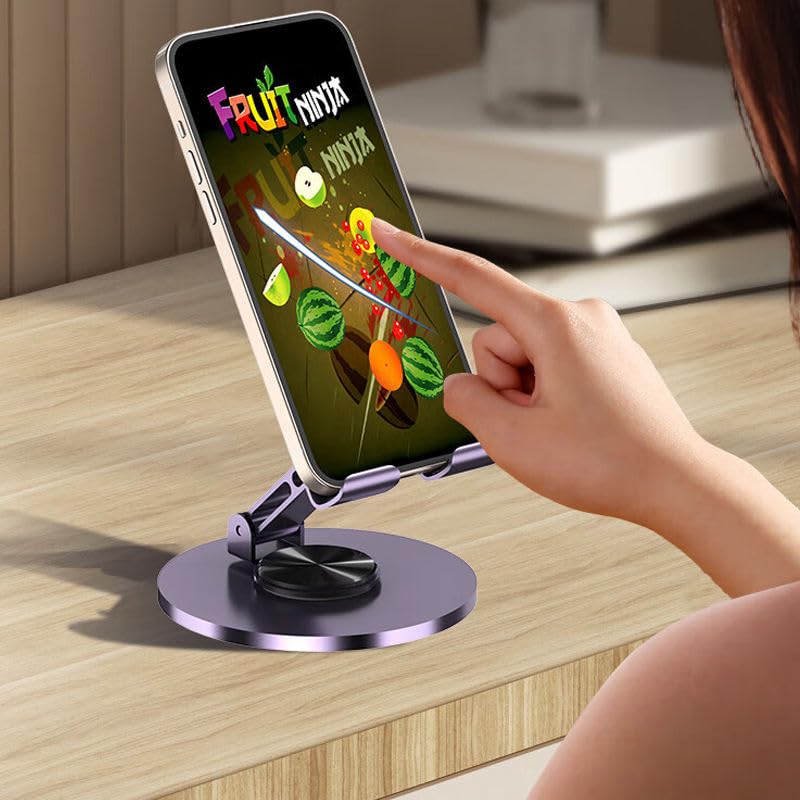360° Rotating Metal Phone Stand, Foldable Adjustable Desktop Holder, Stable Universal Mount for All Smartphones & Tablets, Ideal Office/Home Desk Accessory（Purple - color: Purple