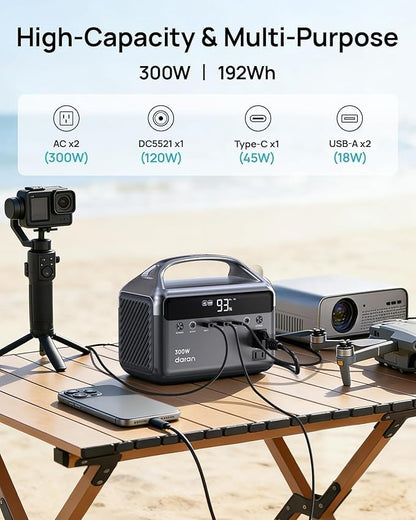 Portable Power Station 300W Solar Generator with Solar Panel Include 192Wh Solar Power Bank with AC Outlets 110V LiFePO4 Battery Fast Charging for Camping Essentials Home Backup & RVs (600W Surge)