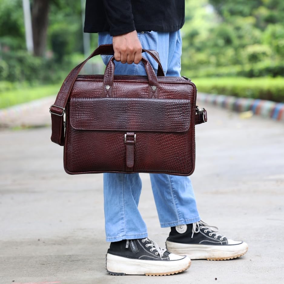 16" Crocodile Embossed Leather Laptop Briefcase, 5 Zipper Pockets, 2 Spacious Compartments, 16x12x4 inches. - color: Classic Brown