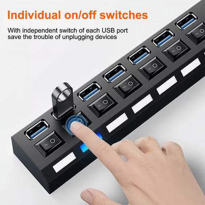 USB 3.0 Hub with Individual On/Off LED Switches, 1 USB 3.0 and 6 USB 2.0 Ports Hub Splitter with 0.52m/20.5'' Cable, Portable USB Adapter USB Extender for Data Transfer and Charging, Black