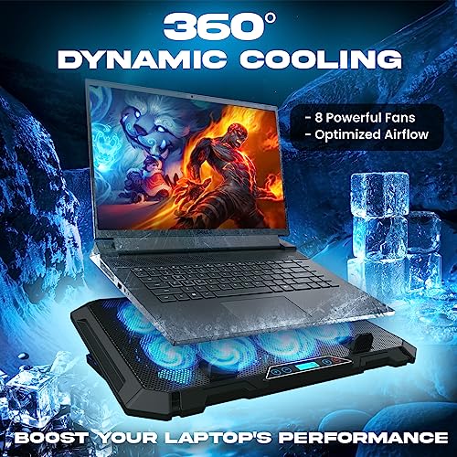 KLIM V8 Gaming Laptop Cooling Pad with 8 Fans + New Version + Gaming Laptop Cooler + Stable RGB Laptop Stand with Fan + Compatible up to 17" + 2 USB Ports + Phone Holder + 5 Year Assurance | Adjustable tilt angle - integrated mobile phone holder - 5 year