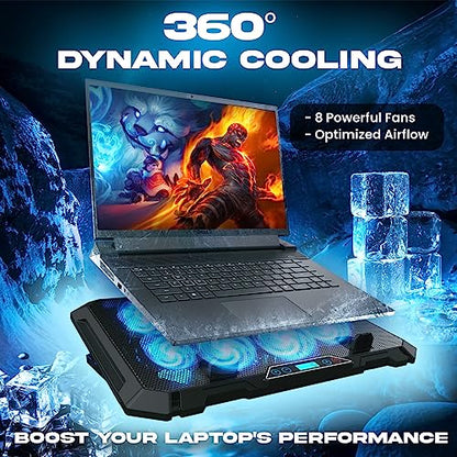 KLIM V8 Gaming Laptop Cooling Pad with 8 Fans + New Version + Gaming Laptop Cooler + Stable RGB Laptop Stand with Fan + Compatible up to 17" + 2 USB Ports + Phone Holder + 5 Year Assurance | Adjustable tilt angle - integrated mobile phone holder - 5 year